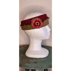 Woolflower Wool Felt Adjustable Winter Headband, Burgundy & Khaki Green